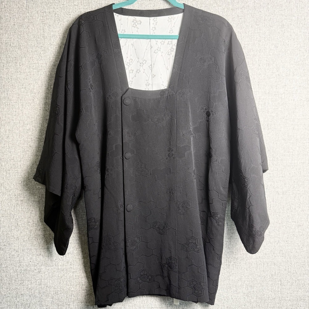 Vintage Silk Japanese Kimono Haori Jacket Double Breast Floral Geometric L/XL